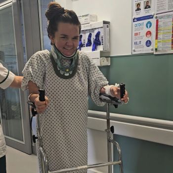 Rebecca relearning to walk with a frame in hospital