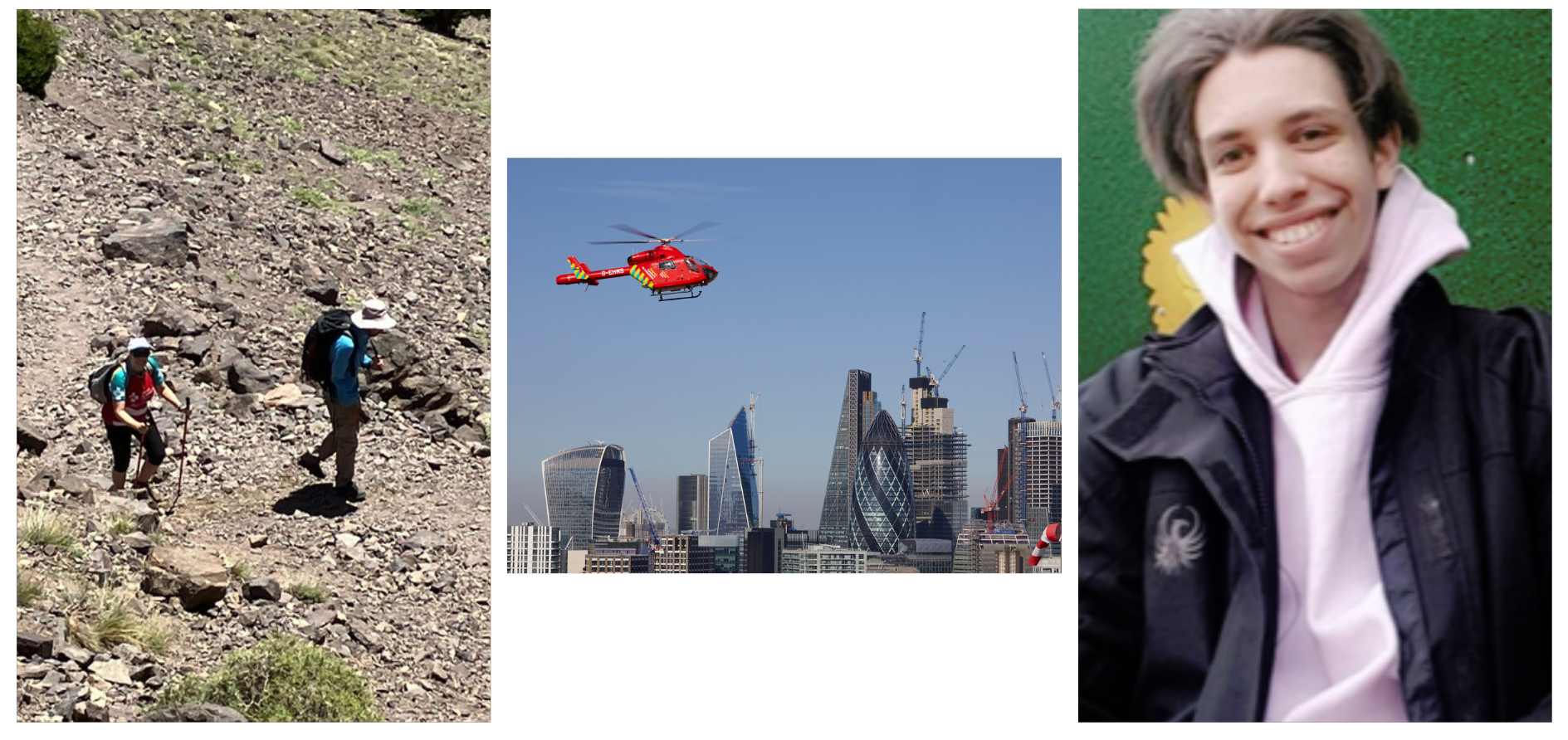 Two people hiking, London's Air Ambulance helicopter in flight, a picture of David.