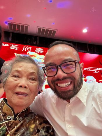 On with his grandma on her 90th birthday