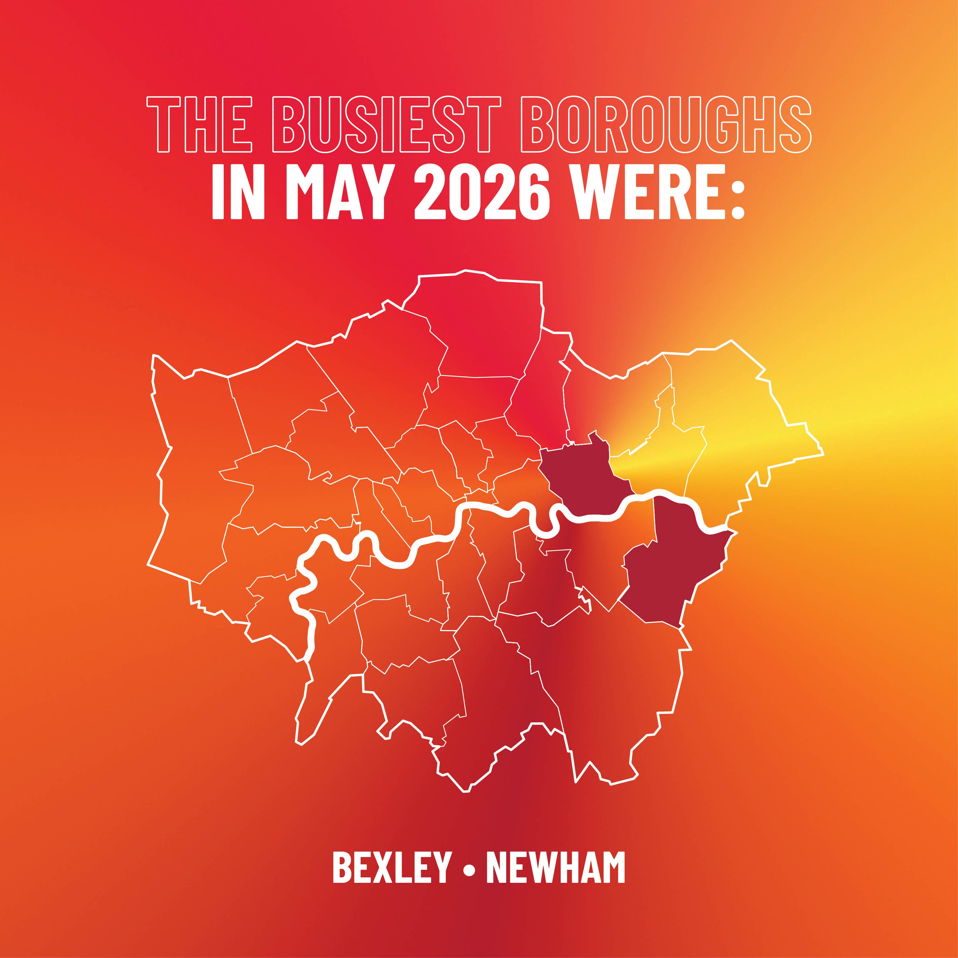 Infographic showing Bexley and Newham were the most attended to borough in May 2026
