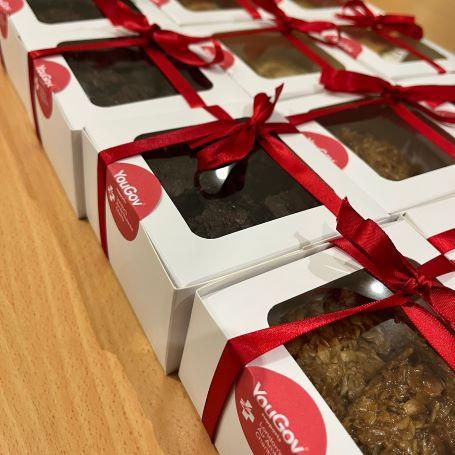 Cakes branded with London's Air Ambulance Charity stickers in YouGov boxes